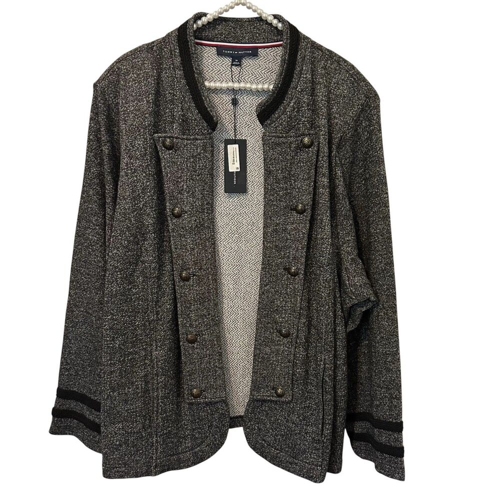 TOMMY HILFIGER Women 3X Black Heather Split Front Military Band Jacket Cardigan